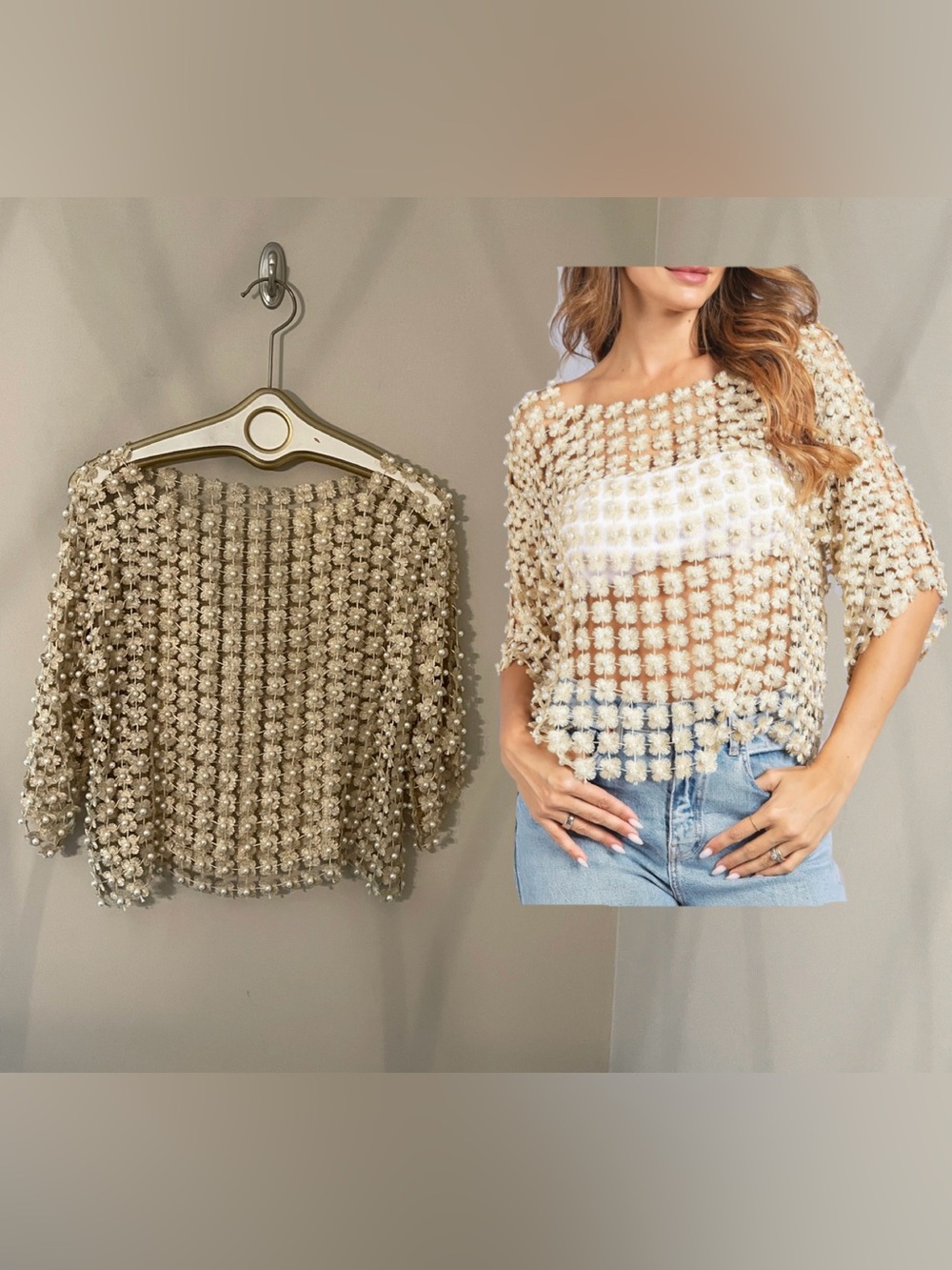 Boutique Flower Crochet Top with Faux Pearls Size Medium - Large